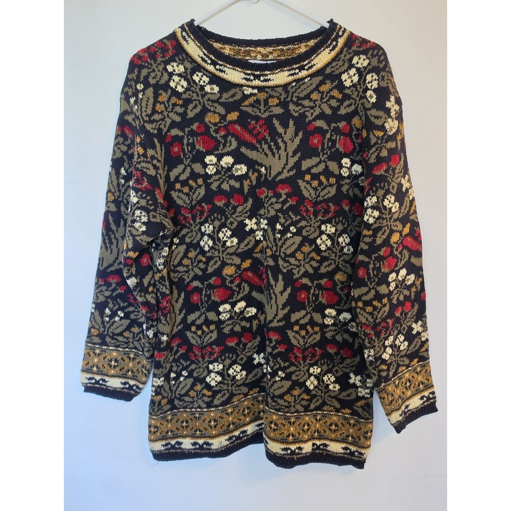 Lands End Fair Isle Floral Sweater Women L Cotton Blend Vintage Nordic Boho